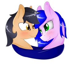 Size: 2303x2000 | Tagged: safe, artist:herusann, imported from derpibooru, oc, oc only, earth pony, pony, blushing, bust, clothes, earth pony oc, eye clipping through hair, eyelashes, female, high res, looking at each other, male, mare, oc x oc, scarf, shared clothing, shared scarf, shipping, simple background, smiling, smiling at each other, stallion, straight, transparent background