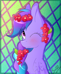 Size: 2048x2500 | Tagged: safe, artist:herusann, imported from derpibooru, oc, oc only, pegasus, pony, abstract background, blushing, braid, female, flower, flower in hair, high res, mare, one eye closed, pegasus oc, solo, wink