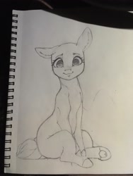 Size: 1536x2048 | Tagged: safe, artist:miokomata, imported from derpibooru, earth pony, pony, looking at you, pencil drawing, sitting, smiling, smiling at you, solo, traditional art, underhoof