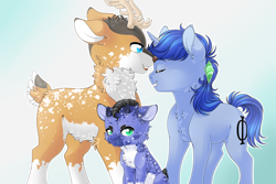 Size: 4251x2834 | Tagged: safe, artist:schokocream, imported from derpibooru, oc, oc only, oc:aeon of dreams, oc:demon heart, oc:tyandaga, deer, deer pony, hybrid, original species, pony, reindeer, unicorn, abstract background, antlers, body markings, cheek fluff, chest fluff, coat markings, colored pinnae, deer oc, facial markings, gradient background, horn, hybrid oc, looking at you, magical gay spawn, male, neck fluff, offspring, pale belly, parent:oc:aeon of dreams, parent:oc:tyandaga, parents:oc x oc, socks (coat markings), stallion, trio, unamused, unicorn oc