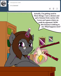 Size: 2000x2500 | Tagged: safe, artist:renatethepony, imported from derpibooru, oc, oc only, oc:raven quill, pony, unicorn, ask, banana, bookshelf, bust, eating, food, glasses, glowing, glowing horn, herbivore, high res, horn, indoors, magic, male, stallion, telekinesis