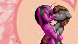 Size: 2844x1600 | Tagged: safe, artist:renatethepony, imported from derpibooru, oc, oc only, oc:raven quill, pony, unicorn, collar, eyes closed, female, heart, horn, hug, kissing, male, oc x oc, shipping, stallion, straight, unicorn oc