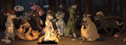 Size: 3288x1197 | Tagged: safe, artist:royvdhel-art, imported from derpibooru, oc, oc only, anthro, pegasus, pony, unguligrade anthro, unicorn, alcohol, anthro with ponies, beer, campfire, glowing, glowing horn, holding a pony, horn, magic, outdoors, pegasus oc, playing card, telekinesis, truck, unicorn oc