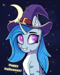 Size: 3118x3898 | Tagged: safe, artist:ingolf arts, imported from derpibooru, oc, oc only, oc:pearl wave, original species, pony, shark, shark pony, unicorn, bust, clothes, crescent moon, cute, female, fish tail, grin, halloween, hat, high res, holiday, horn, looking at you, mare, moon, night, ocbetes, simple background, smiling, smiling at you, solo, stars, tail, witch, witch hat