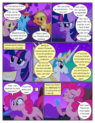 Size: 612x792 | Tagged: safe, artist:newbiespud, edit, edited screencap, imported from derpibooru, screencap, applejack, pinkie pie, princess celestia, rainbow dash, twilight sparkle, alicorn, earth pony, pegasus, pony, unicorn, comic:friendship is dragons, magical mystery cure, applejack's hat, comic, cowboy hat, dialogue, eyelashes, eyes closed, female, golden oaks library, hat, hoof hold, hoof shoes, jewelry, mare, night, open mouth, outdoors, screencap comic, smiling, spit take, spitting, stars, tiara, twilight sparkle (alicorn)