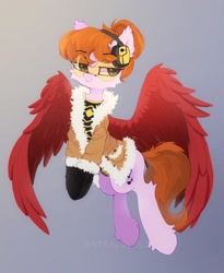 Size: 1422x1738 | Tagged: safe, artist:astralblues, imported from derpibooru, oc, oc only, pegasus, pony, clothes, female, glasses, gradient background, headphones, mare, solo