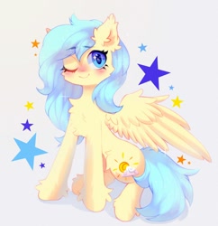 Size: 1360x1404 | Tagged: safe, artist:astralblues, imported from derpibooru, oc, oc only, pegasus, pony, abstract background, ear fluff, female, mare, one eye closed, simple background, sitting, solo, stars, wink