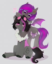 Size: 1311x1598 | Tagged: safe, artist:astralblues, imported from derpibooru, oc, oc only, oc:mimicry, oc:platinum wing, bat pony, earth pony, pony, bat pony oc, cute, cute little fangs, ear piercing, earring, fangs, female, floating heart, glasses, heart, jewelry, oc x oc, piercing, shipping, simple background, sitting, wing piercing, wings