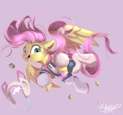 Size: 1280x1200 | Tagged: safe, artist:sketchiix3, imported from derpibooru, fluttershy, pegasus, pony, clothes, crossover, cute, daaaaaaaaaaaw, female, floating, floppy ears, looking at you, looking down, mare, midair, my hero academia, ochako uraraka, open mouth, ponytober, purple background, shyabetes, simple background, solo, spread out hair, spread wings, three quarter view, uravity's hero costume, wings, zero gravity