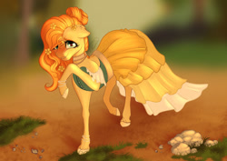 Size: 900x637 | Tagged: safe, artist:nuumia, imported from derpibooru, pear butter, earth pony, pony, clothes, dress, female, solo
