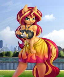 Size: 3306x4000 | Tagged: safe, artist:lightly-san, imported from derpibooru, sunset shimmer, anthro, unicorn, bedroom eyes, big breasts, breasts, busty sunset shimmer, city, cityscape, clothes, cloud, female, high res, hip, looking at you, open mouth, open smile, outdoors, sarong, smiling, smiling at you, solo