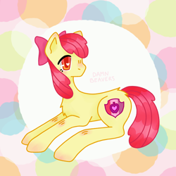 Size: 1500x1500 | Tagged: safe, artist:damnbeavers, imported from derpibooru, apple bloom, earth pony, pony, abstract background, female, filly, lying down, solo
