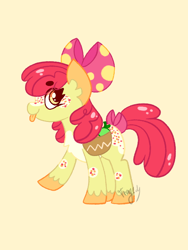 Size: 600x800 | Tagged: safe, artist:tragedykaz, imported from derpibooru, apple bloom, earth pony, pony, adorabloom, bag, bow, cute, female, filly, raised hoof, redesign, saddle bag, solo, standing, tongue out