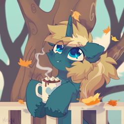 Size: 2000x2000 | Tagged: safe, artist:mirtash, imported from derpibooru, oc, oc only, oc:maple parapet, pony, unicorn, autumn, chocolate, cottagecore, cup, fence, food, high res, hot chocolate, leaves, looking up, solo, tree, unshorn fetlocks
