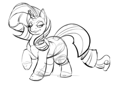 Size: 645x476 | Tagged: safe, artist:calorie, imported from derpibooru, rarity, pony, unicorn, chubby, female, grayscale, lidded eyes, mare, monochrome, raised hoof, simple background, sketch, solo, white background
