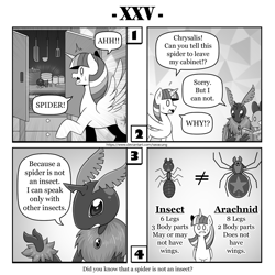 Size: 1200x1200 | Tagged: safe, artist:vavacung, imported from derpibooru, queen chrysalis, spike, twilight sparkle, alicorn, ant, dragon, insect, moth, pony, spider, star spider, comic:out of chrysalis, comic, female, male, monochrome, species swap, twilight sparkle (alicorn)