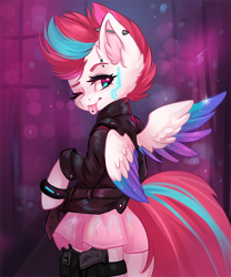 Size: 800x960 | Tagged: safe, artist:valeria_fills, imported from derpibooru, zipp storm, pegasus, semi-anthro, arm hooves, clothes, ear fluff, ear piercing, female, g5, gun, handgun, jacket, leather jacket, my little pony: a new generation, one eye closed, piercing, pistol, skirt, solo, tongue out, tongue piercing, weapon, wink