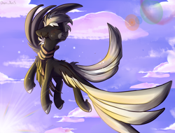 Size: 2020x1536 | Tagged: safe, artist:yuris, imported from derpibooru, oc, oc only, oc:midnight serenity, pegasus, pony, clothes, cloud, male, pegasus oc, scarf, sky, smiling, solo