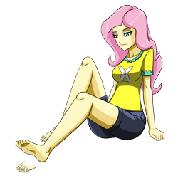 Size: 3600x3600 | Tagged: safe, artist:artemis-polara, imported from derpibooru, fluttershy, equestria girls, barefoot, breasts, clothes, commission, feet, female, foot tapping, high res, shirt, shorts, simple background, solo, tapping, transparent background