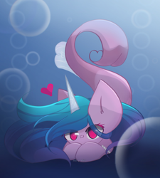 Size: 1800x2000 | Tagged: safe, artist:miryelis, imported from derpibooru, izzy moonbow, seapony (g4), unicorn, blue mane, blue tail, bubble, crepuscular rays, female, fish tail, floating heart, flowing mane, g5, heart, horn, looking at you, my little pony: a new generation, ocean, pink eyes, seaponified, seapony izzy moonbow, solo, species swap, sunlight, tail, underwater, water