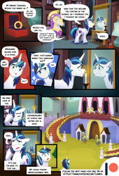 Size: 3540x5205 | Tagged: source needed, useless source url, safe, artist:lummh, artist:whitequartztheartist, imported from derpibooru, princess cadance, shining armor, pegasus, pony, unicorn, comic:the princess of love, absurd resolution, advertisement, barracks, canterlot, canterlot castle, comic, eyelid pull, eyes closed, facehoof, frown, grin, guard, jewelry, male, mirror, multiple characters, nervous, nervous grin, open mouth, proud, ring, room, smiling, stallion, unshorn fetlocks, wedding ring