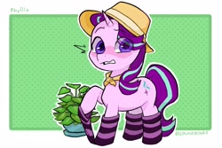 Size: 2100x1400 | Tagged: safe, artist:matterproblem, imported from derpibooru, phyllis, starlight glimmer, pony, unicorn, blushing, clothes, eye clipping through hair, female, hat, looking at you, mare, plant, potted plant, socks, solo, striped socks