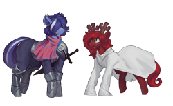 Size: 2170x1337 | Tagged: safe, artist:nsilverdraws, imported from derpibooru, oc, oc:harmony, oc:rose tinder, earth pony, pony, armor, cape, clothes, costume, deer antlers, deer nose, deltarune, dress, earth pony oc, freckles, kris, long sleeves, noelle holiday, oc x oc, shipping, simple background, transparent background