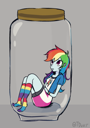 Size: 1446x2039 | Tagged: safe, artist:tacoman dusct, imported from derpibooru, rainbow dash, equestria girls, clothes, female, human in a jar, jar, lewd container meme, missing shoes, rainbow socks, simple background, sitting, socks, solo, stocking feet, striped socks, this will not end well