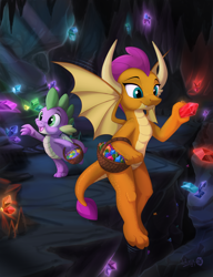 Size: 2400x3131 | Tagged: safe, alternate version, artist:sirzi, imported from derpibooru, smolder, spike, dragon, basket, cave, commission, dragoness, duo, female, gem, gem cave, high res, male, open mouth, open smile, scales, smiling, spread wings, winged spike, wings