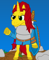 Size: 2048x2512 | Tagged: safe, artist:terminalhash, imported from derpibooru, oc, oc only, oc:rouzfirecarrot, anthro, pony, unicorn, anthro oc, clothes, digital art, high res, knight, shield, solo, sword, vector, weapon