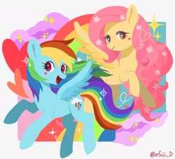 Size: 2048x1870 | Tagged: safe, artist:efuji_d, imported from derpibooru, fluttershy, rainbow dash, pegasus, pony, female, heart, mare, open mouth, open smile, rainbow, smiling, sparkles, starry eyes, wingding eyes