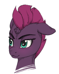 Size: 2826x3508 | Tagged: safe, artist:koshakevich, imported from derpibooru, tempest shadow, pony, unicorn, broken horn, bust, female, floppy ears, high res, horn, looking away, mare, portrait, simple background, smiling, solo, three quarter view, transparent background