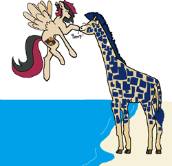 Size: 820x793 | Tagged: safe, artist:porschepegasus, imported from derpibooru, oc, oc:porsche speedwings, oc:procerus, giraffe, pegasus, pony, boop, flying, mlp fim's eleventh anniversary, ms paint, pegasus oc, seaside, simple background, water, white background