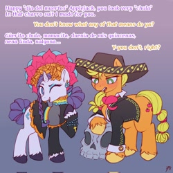 Size: 2048x2048 | Tagged: safe, artist:dorpapu, imported from derpibooru, applejack, rarity, earth pony, pony, unicorn, dialogue, female, flower, flower in hair, high res, lesbian, mariachi, mariachi hat, mexico, rarijack, shipping, spanish