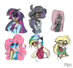 Size: 875x807 | Tagged: safe, artist:jazzyrazzy14, imported from derpibooru, applejack, fluttershy, pinkie pie, rainbow dash, rarity, twilight sparkle, human, alternate hairstyle, clothes, dark skin, female, freckles, grin, hoodie, humanized, mane six, necktie, shirt, simple background, skirt, sleeveless, smiling, suit, sweater, white background