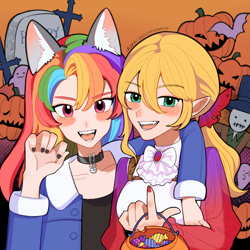 Size: 1000x1000 | Tagged: safe, artist:坦良坦影, imported from derpibooru, applejack, rainbow dash, human, appledash, cat ears, collar, female, halloween, holiday, humanized, lesbian, painted nails, shipping, trick or treat