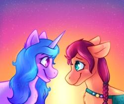 Size: 1280x1071 | Tagged: safe, artist:puppychomp, imported from derpibooru, izzy moonbow, sunny starscout, spoiler:my little pony: a new generation, female, g5, heart eyes, izzyscout, lesbian, looking at each other, my little pony: a new generation, shipping, smiling, smiling at each other, watermark, wingding eyes