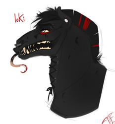 Size: 618x665 | Tagged: safe, artist:royvdhel-art, imported from derpibooru, oc, oc only, oc:loki, demon, demon pony, original species, pony, bust, male, sharp teeth, signature, simple background, stallion, teeth, tongue out, white background