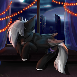 Size: 1594x1594 | Tagged: safe, artist:yuris, imported from derpibooru, oc, oc only, oc:midnight serenity, pegasus, pony, curtains, garland, male, night, skyscrapers, sleeping, solo, storm, town, window