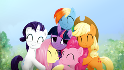 Size: 4622x2600 | Tagged: safe, artist:fladdrarblyg, imported from derpibooru, applejack, fluttershy, pinkie pie, rainbow dash, rarity, twilight sparkle, alicorn, earth pony, pegasus, pony, unicorn, the beginning of the end, anniversary, applejack's hat, bipedal, cowboy hat, crying, cute, dashabetes, diapinkes, eyes closed, female, group hug, hat, high res, hug, jackabetes, mane six, mare, raribetes, shyabetes, tears of joy, twiabetes, twilight sparkle (alicorn)