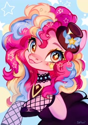 Size: 2894x4093 | Tagged: safe, artist:sofiko-ko, imported from derpibooru, pinkie pie, earth pony, pony, :p, choker, clothes, dress, fishnets, hat, rainbow power, solo, starry eyes, tongue out, wingding eyes