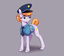 Size: 3080x2737 | Tagged: safe, artist:aquaticvibes, imported from derpibooru, copper top, earth pony, pony, cuffs, female, gray background, hair bun, high res, mare, necktie, police, simple background, solo