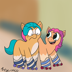 Size: 1080x1080 | Tagged: safe, artist:artyanimated, imported from derpibooru, hitch trailblazer, sunny starscout, earth pony, pony, blurry background, cute, doodle, duo, female, g5, male, mare, my little pony: a new generation, roller skates, shipping, skating, stallion, straight, sunnyhitch