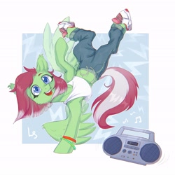Size: 3329x3329 | Tagged: safe, artist:ls_skylight, imported from derpibooru, oc, oc only, oc:watermelon success, pegasus, pony, boombox, breakdancing, cheek fluff, clothes, high res, music notes, solo, standing, standing on one leg