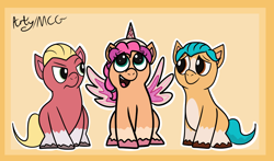 Size: 1100x647 | Tagged: safe, artist:artyanimated, imported from derpibooru, hitch trailblazer, sprout cloverleaf, sunny starscout, earth pony, pony, artificial horn, artificial wings, clothes, colt, colt hitch trailblazer, colt sprout cloverleaf, costume, cute, doodle, fake alicorn, female, filly, filly sunny starscout, g5, male, my little pony: a new generation, sitting, trio, wings, younger