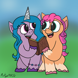 Size: 1080x1080 | Tagged: safe, artist:artyanimated, imported from derpibooru, izzy moonbow, sunny starscout, earth pony, pony, unicorn, blurry background, book, cute, doodle, duo, duo female, female, g5, looking at each other, looking at someone, mare, my little pony: a new generation