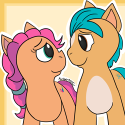 Size: 1080x1080 | Tagged: safe, artist:artyanimated, imported from derpibooru, hitch trailblazer, sunny starscout, earth pony, pony, doodle, duo, female, g5, looking at each other, looking at someone, male, mare, my little pony: a new generation, shipping, simple background, stallion, straight, sunnyhitch