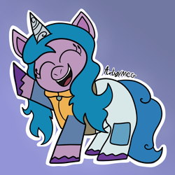 Size: 1080x1080 | Tagged: safe, artist:artyanimated, imported from derpibooru, izzy moonbow, pony, unicorn, clothes, cute, doodle, eyes closed, female, g5, izzybetes, mare, my little pony: a new generation, open mouth, raised hoof, simple background, smiling, solo, standing