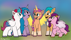 Size: 1280x720 | Tagged: safe, artist:artyanimated, imported from derpibooru, hitch trailblazer, izzy moonbow, pipp petals, sunny starscout, zipp storm, alicorn, earth pony, pegasus, pony, unicorn, artificial horn, artificial wings, augmented, blurry background, doodle, female, g5, group, horn, magic, magic horn, magic wings, male, mane five (g5), mane stripe sunny, mare, my little pony: a new generation, princess sunny starscout, race swap, redraw, stallion, sunnycorn, wings