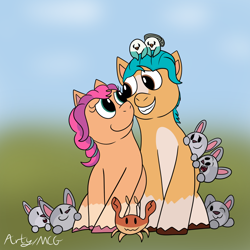 Size: 1080x1080 | Tagged: safe, artist:artyanimated, imported from derpibooru, hitch trailblazer, sunny starscout, bird, crab, earth pony, pony, rabbit, seagull, animal, blurry background, critter magnet, critters, doodle, duo, female, g5, kenneth, looking at each other, looking at someone, male, mare, mcsnips-a-lot, my little pony: a new generation, shipping, sitting, stallion, straight, sunnyhitch